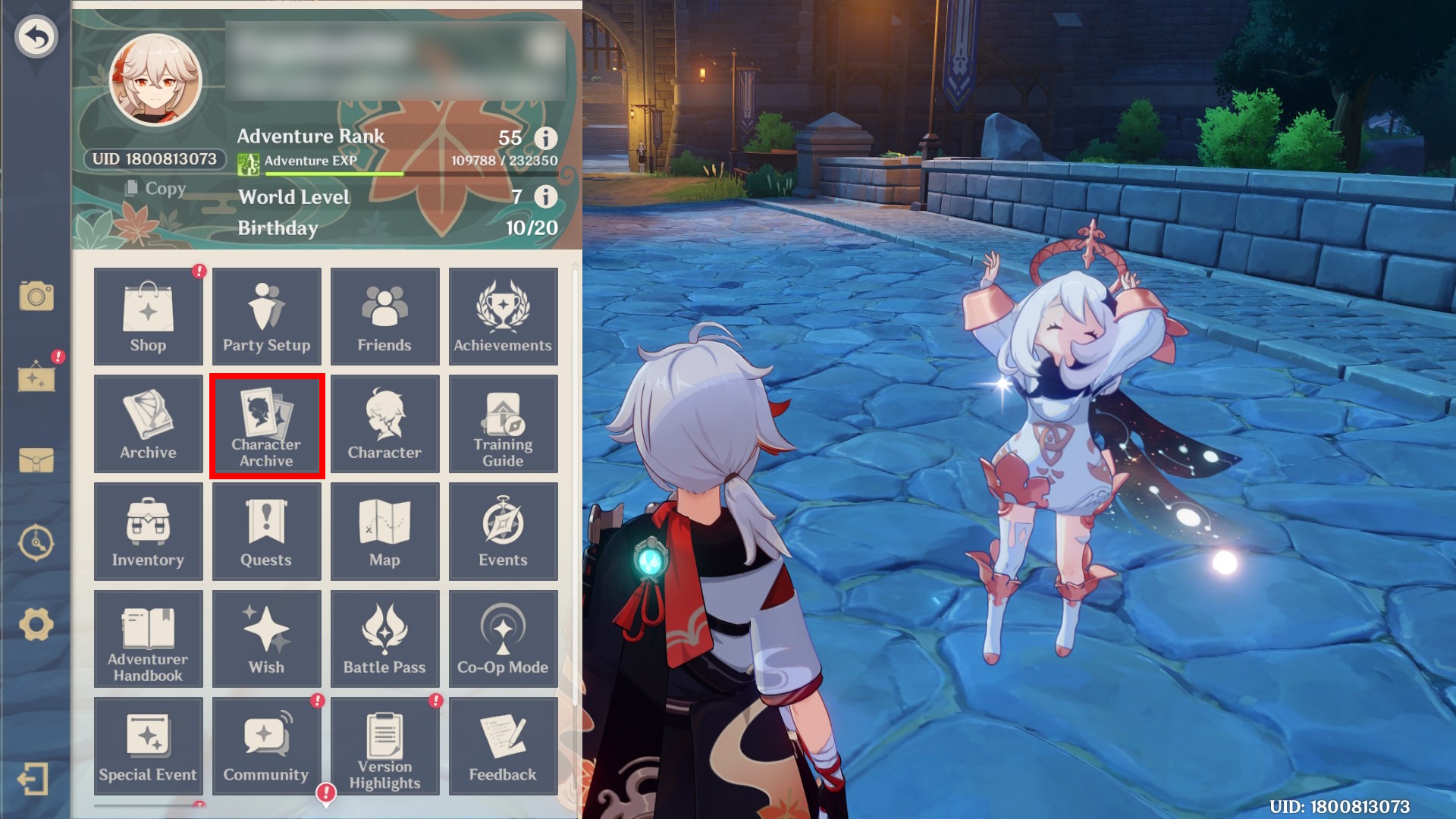 Genshin Impact menu showing Character Archive option