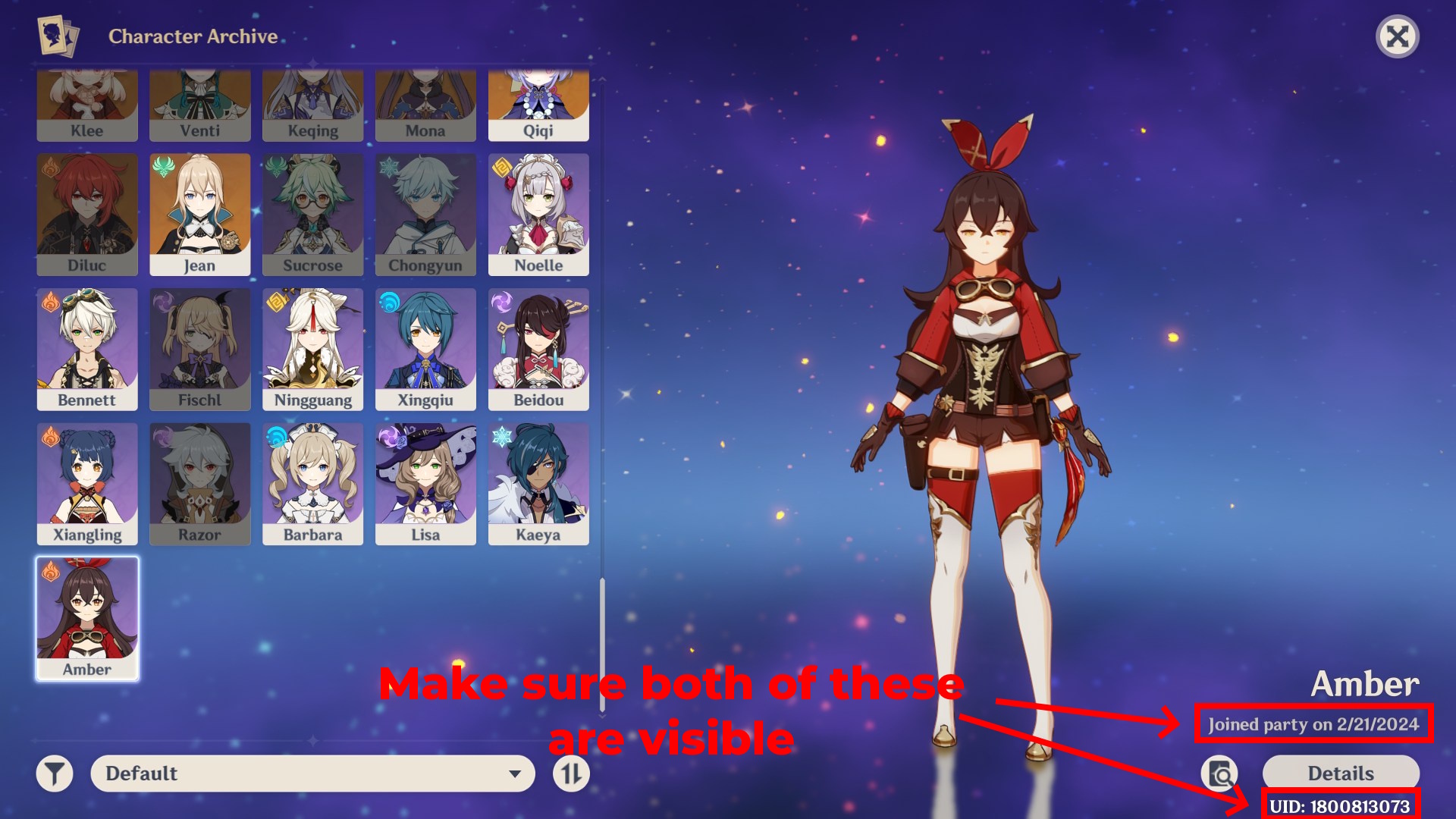 Example Genshin screenshot with UID and Amber obtain date visible