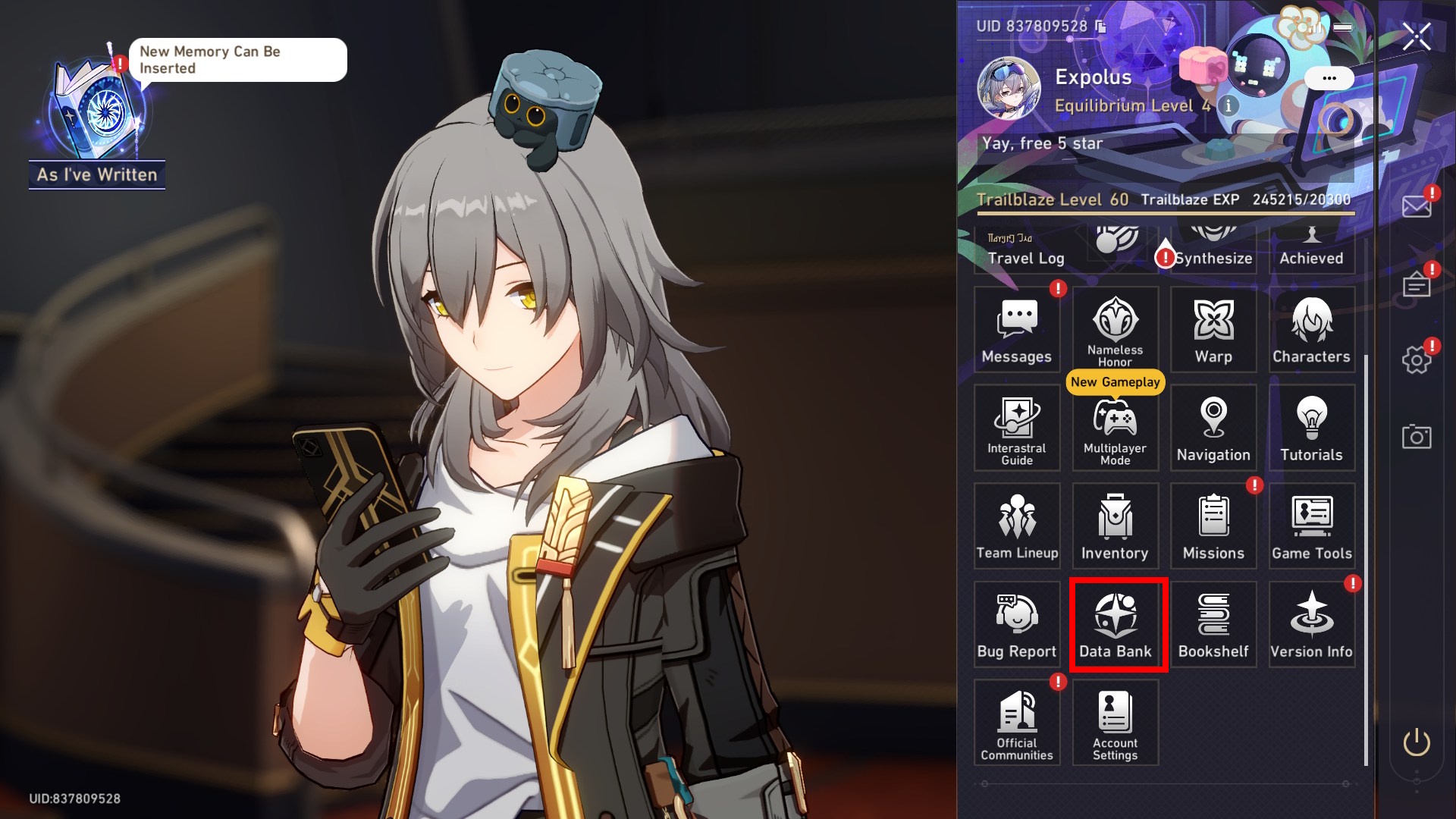 Honkai Star Rail menu highlighting Data Bank