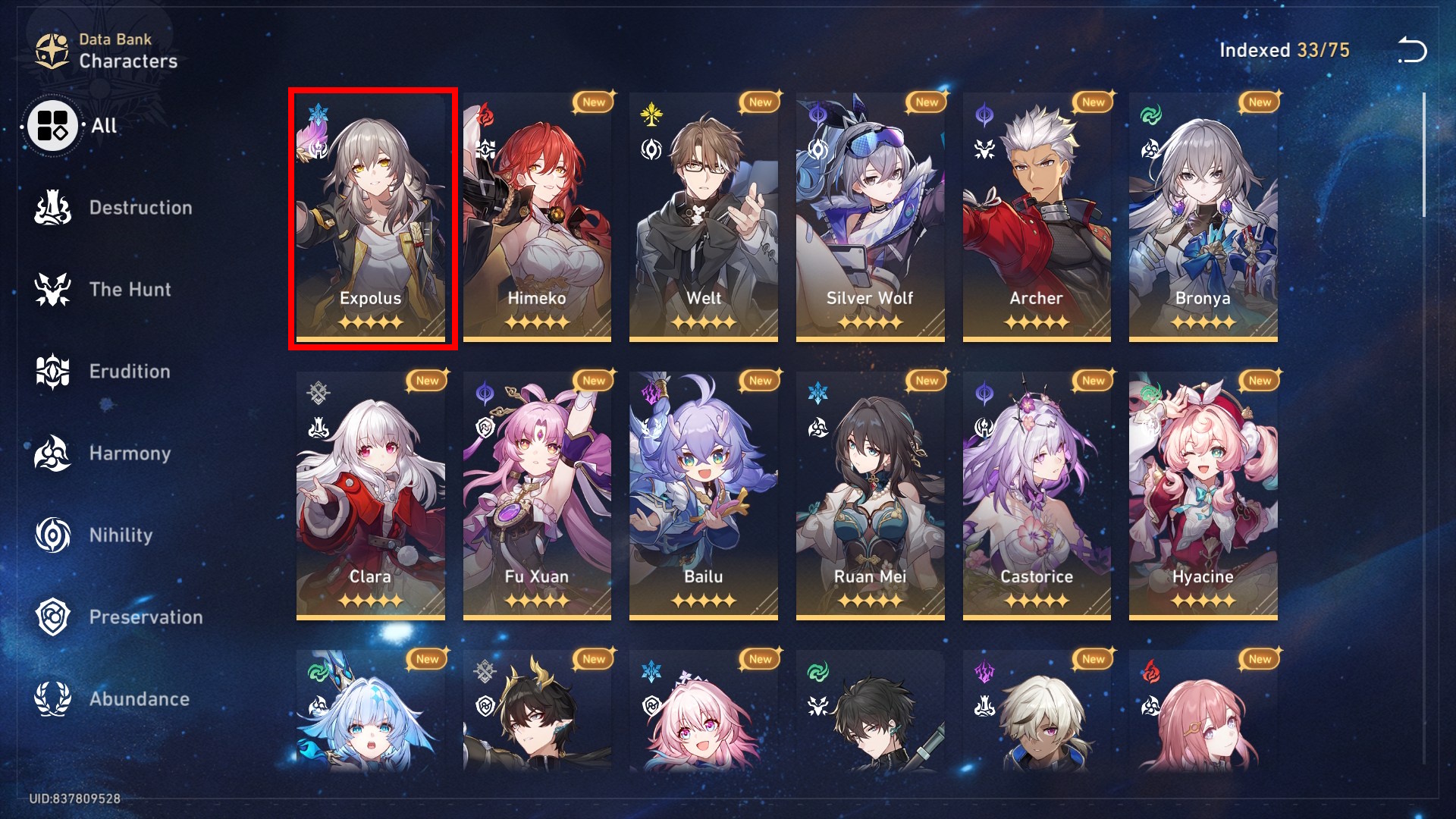 Character list with Trailblazer selected