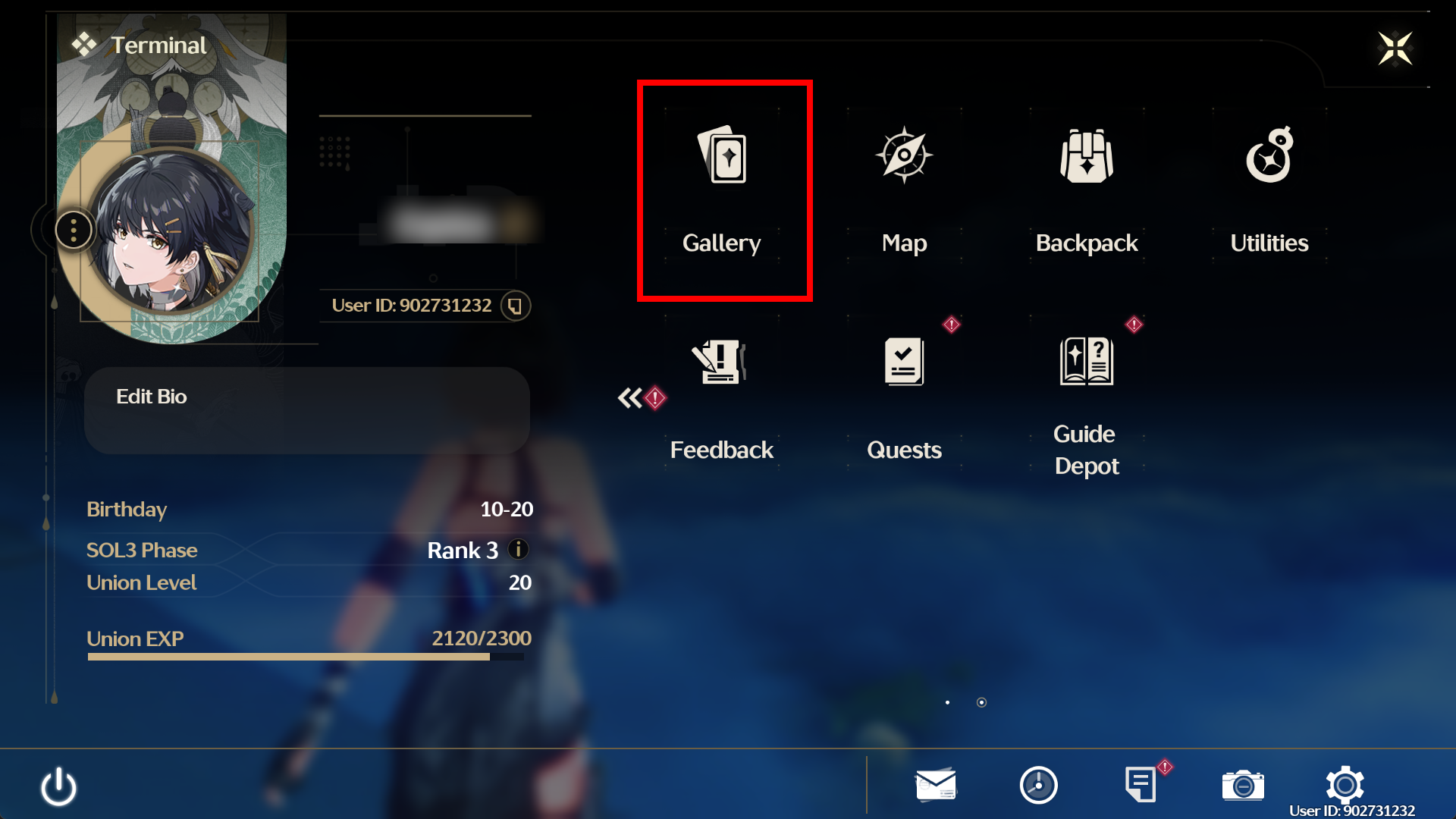 Wuthering Waves menu highlighting Gallery
