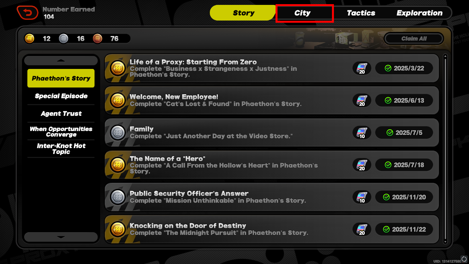 Achievements screen with City tab highlighted