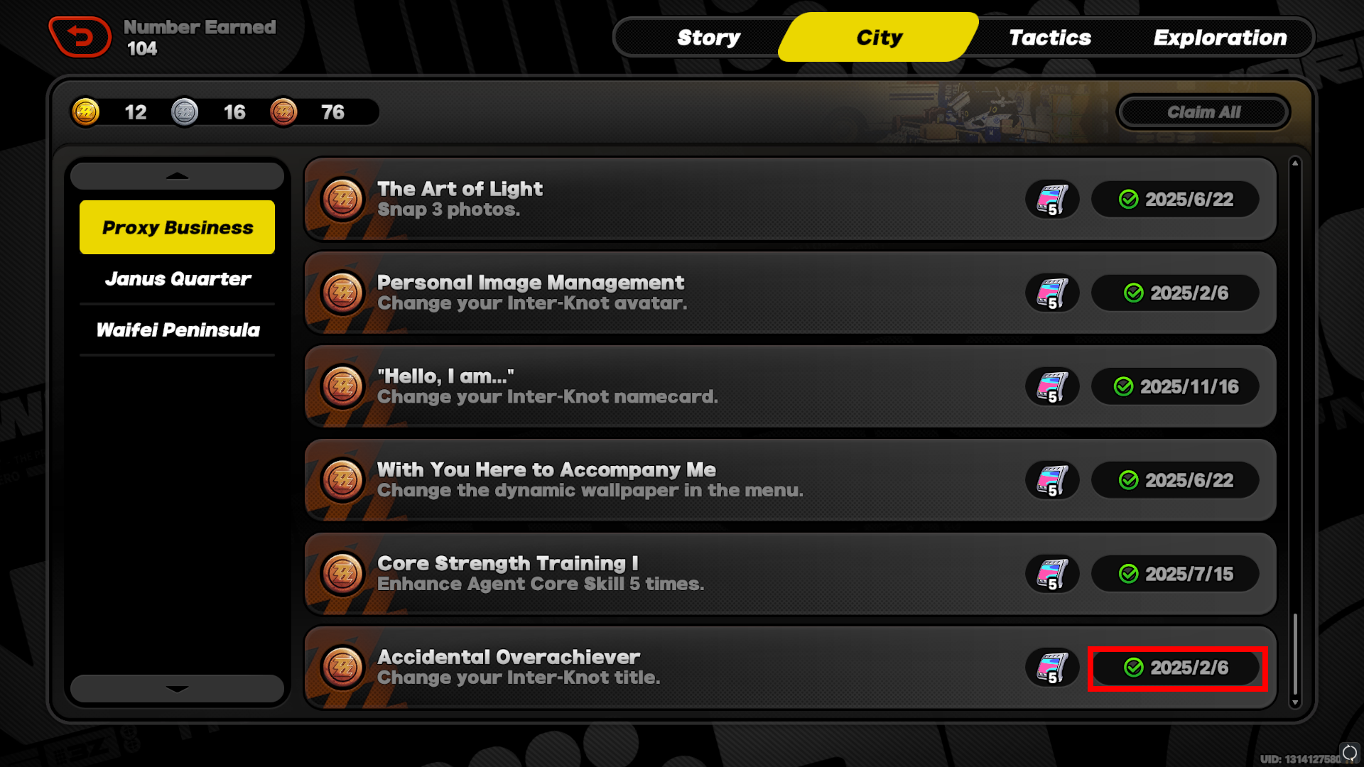 City achievements list showing Accidental Overachiever