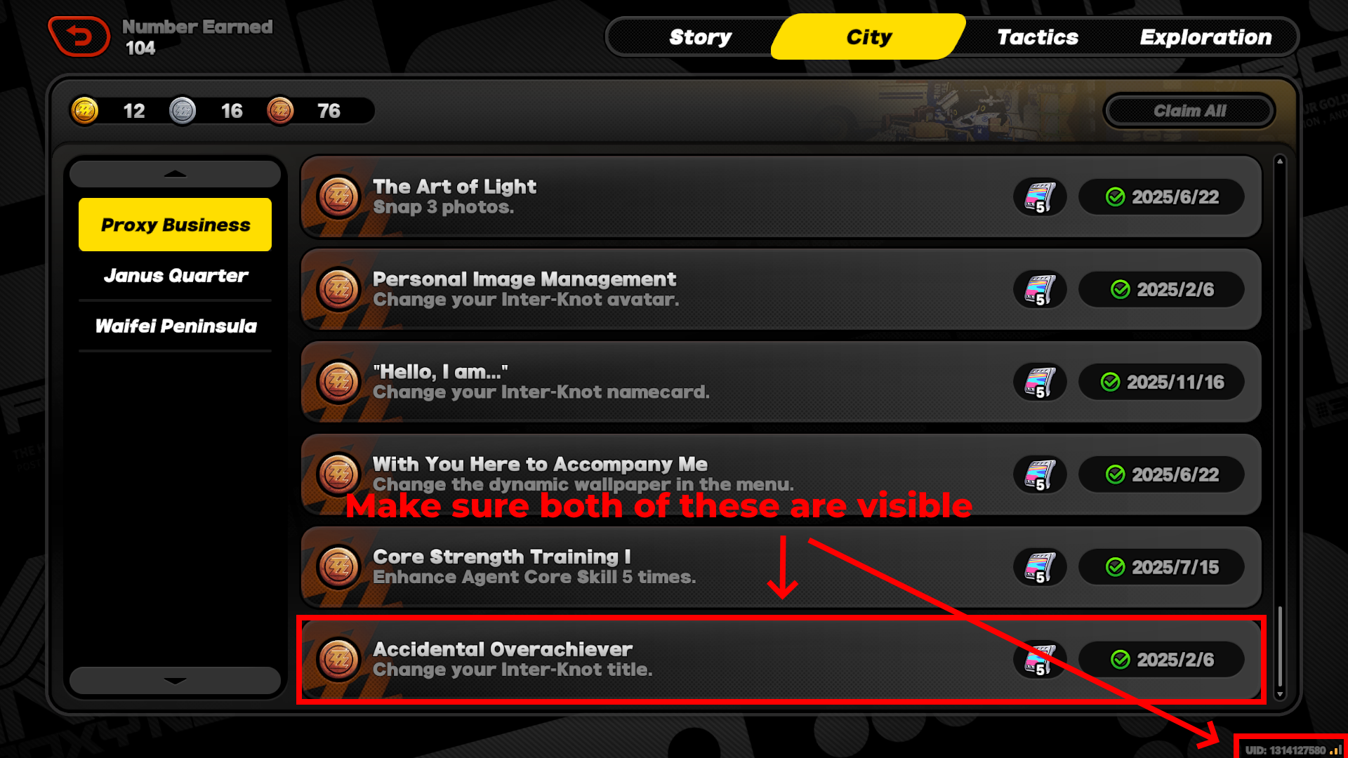 Example Zenless Zone Zero screenshot with UID and achievement date visible